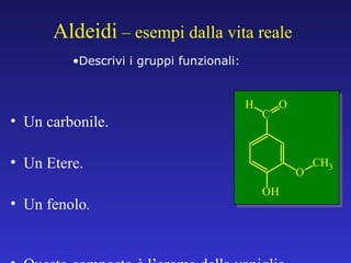 Un carbonile. Un Etere. Un fenolo . Questo composto è l’aroma della vaniglia. Aldeidi  – esempi dalla vita reale Descrivi i gruppi funzionali: 