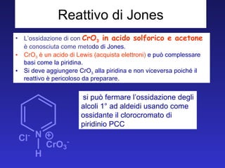 Reattivo di Jones L’ossidazione di con  CrO 3  in acido solforico e acetone  è conosciuta come meto do di Jones. CrO 3  è un acido di Lewis (acquista elettroni)  e può complessare basi come la piridina.  Si deve aggiungere CrO 3  alla piridina e non viceversa poiché il reattivo è pericoloso da preparare. si può fermare l’ossidazione degli alcoli 1° ad aldeidi usando come ossidante il clorocromato di piridinio PCC  