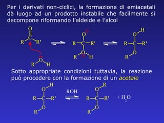Per i derivati non-ciclici, la formazione di emiacetali dà luogo ad un prodotto instabile che facilmente si decompone riformando l’aldeide e l’alcol Sotto appropriate condizioni tuttavia, la reazione può procedere con la formazione di un   acetale R C O R ' O R H 