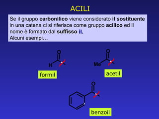 Se il gruppo  carbonilico  viene considerato  il sostituente  in una catena ci si riferisce come gruppo  acilico  ed il nome è formato dal  suffisso  il. Alcuni esempi… formil acetil benzoil ACILI 