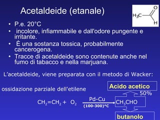 Acetaldeide (etanale)  P.e. 20°C incolore, infiammabile e dall'odore pungente e irritante. È una sostanza tossica, probabilmente cancerogena. Tracce di acetaldeide sono contenute anche nel fumo di tabacco e nella marjuana.  ossidazione parziale dell'etilene  L’acetaldeide, viene preparata con il metodo di Wacker: CH 2 =CH 2  +  O 2   CH 3 CHO  Pd-Cu (100-300)°C Acido acetico butanolo 50% 