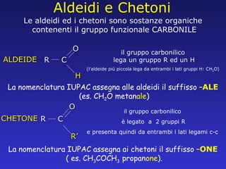 Aldeidi e Chetoni La nomenclatura IUPAC assegna alle aldeidi il suffisso   – ALE (es. CH 2 O metan ale ) ALDEIDE CHETONE Le aldeidi ed i chetoni sono sostanze organiche contenenti il gruppo funzionale CARBONILE il gruppo carbonilico lega un gruppo R ed un H (l’aldeide più piccola lega da entrambi i lati gruppi H: CH 2 O) il gruppo carbonilico è legato  a  2 gruppi R e presenta quindi da entrambi i lati legami c-c La nomenclatura IUPAC assegna ai chetoni il suffisso  – ONE ( es. CH 3 COCH 3  propan one ). C O R H C O R R’ 
