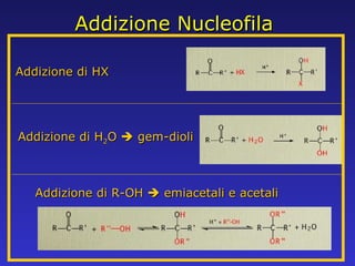 Addizione Nucleofila Addizione di HX Addizione di H 2 O    gem-dioli Addizione di R-OH    emiacetali e acetali 