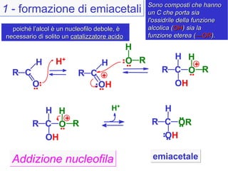 1  - formazione di emiacetali H + emiacetale R C H O H + Addizione nucleofila poiché l’alcol è un nucleofilo debole, è necessario di solito un  catalizzatore acido . Sono composti che hanno un C che porta sia l'ossidrile della funzione alcolica ( OH ) sia la funzione eterea (  OR ).   R C H O H + O R H R C H O H O R H + R C H O H O R H + R C H O H OR 