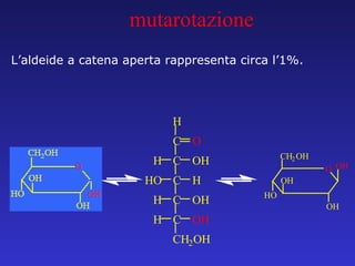 L’aldeide a catena aperta rappresenta circa l’1%. mutarotazione C C O H OH H C C C CH 2 OH H HO H H OH OH O CH 2 OH OH HO OH OH 