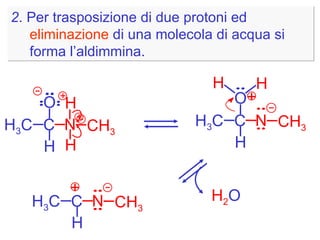 2 . Per trasposizione di due protoni ed  eliminazione  di una molecola di acqua si forma l’aldimmina. H 3 C C O H N H H CH 3 H 3 C C O H N H H CH 3 + H 3 C C H N CH 3 + H 2 O + + 