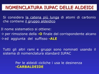 NOMENCLATURA IUPAC DELLE ALDEIDI Si considera  la catena più lunga  di atomi di carbonio che contiene  il gruppo aldeidico Il nome sistematico si ottiene: ➩   per rimozione della  -O  finale del corrispondente alcano  ➩  ed  aggiunta  del  suffisso  -ALE Tutti gli altri rami e gruppi sono nominati usando il sistema di nomenclatura standard IUPAC Per le aldeidi cicliche i usa le desinenza  -CARBALDEIDE 