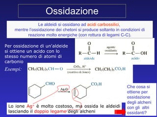 Ossidazione Esempi: Lo ione  Ag +  è molto costoso, ma ossida le aldeidi lasciando il  doppio legame  degli alcheni Per ossidazione di un'aldeide si ottiene un acido con lo stesso numero di atomi di carbonio  Che cosa si ottiene per ossidazione degli alcheni con gli  altri ossidanti? Le aldeidi si ossidano ad  acidi carbossilici ,  mentre l’ossidazione dei chetoni si produce soltanto in condizioni di reazione molto energiche (con rottura di legami C-C). 