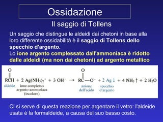 Il saggio di Tollens Un saggio che distingue le aldeidi dai chetoni in base alla loro differente ossidabilità è il  saggio di Tollens dello specchio   d'argento.  Lo  ione argento complessato dall'ammoniaca è ridotto dalle aldeidi (ma non dai chetoni) ad argento metallico   Ci si serve di questa reazione per argentare il vetro: l'aldeide usata è la formaldeide, a causa del suo basso costo.   Ossidazione 