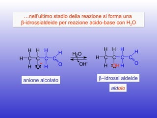 … nell’ultimo stadio della reazione si forma una   -idrossialdeide per reazione acido-base con H 2 O H C H H C H O C H H C H O H 2 O O H - anione alcolato  idrossi aldeide ald olo H C H H C H O H C H H C H O 