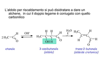 O H - 2 H 3 C C H O H 3 C C H O H C H H C H O 3-ossibutanale (aldolo) trans -2-butenale (aldeide crotonica) etanale L’aldolo per riscaldamento si può disidratare a dare un alchene,  in cui il doppio legame è coniugato con quello carbonilico H 3 C C H C H C H O 