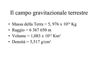 Il campo gravitazionale terrestre Massa della Terra = 5, 976 x 10 24  Kg Raggio = 6 367 650 m  Volume = 1,083 x 10 12  Km 3 Densità = 5,517 g/cm 3 