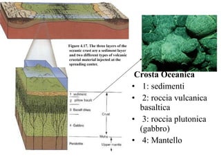 Crosta Oceanica 1: sedimenti  2: roccia vulcanica basaltica  3: roccia plutonica (gabbro)  4: Mantello  