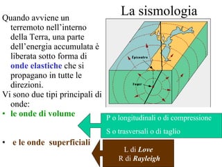 La sismologia Quando avviene un terremoto nell’interno della Terra, una parte dell’energia accumulata è liberata sotto forma di  onde elastiche  che si propagano in tutte le direzioni.  Vi sono due tipi principali di onde:  le onde di volume e le onde  superficiali P o longitudinali o di compressione S o trasversali o di taglio L di  Love R di  Rayleigh 