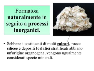 Formatosi  naturalmente  in seguito a  processi inorganici. Sebbene i costituenti di molti  calcari ,  rocce  silicee  e depositi  fosfatici  stratificati abbiano un'origine organogena, vengono ugualmente considerati specie minerali. 