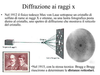 Diffrazione ai raggi x Nel 1912 il fisico tedesco Max von Laue sottopose un cristallo di solfato di rame ai raggi X e ottenne, su una lastra fotografica posta dietro al cristallo, uno spettro di diffrazione che mostrava il reticolo del cristallo.  Nel 1915, con la stessa tecnica  Bragg e Bragg riuscirono a determinare le  distanze reticolari . 