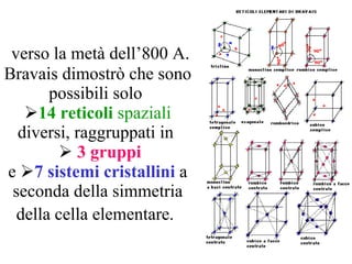 verso la metà dell’800 A. Bravais dimostrò che sono possibili solo   14 reticoli  spaziali  diversi, raggruppati in       3 gruppi e   7 sistemi cristallini  a seconda della simmetria della cella elementare.   