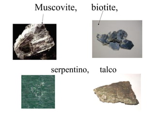 Muscovite,  biotite,  serpentino,  talco 