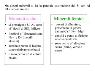 Minerali sialici in alcuni minerali si ha la  parziale sostituzione del  Si  con  Al   silico-alluminati vi prevalgono Si, Al, sono più ricchi di SiO 2  (silice),  I cationi più frequent i  sono Na+  e K+ ( metalli alcalini ) densità  e punto di fusione sono relativamente bassi  e sono per lo più di colore chiaro.  poveri di alluminio ,  presentano in genere cationi Ca   2+  Fe   2+  Mg   2+   densità  e punto di fusione relativamente alti  sono per lo più di colore scuro (bruno, verde o nero).  Minerali femici 