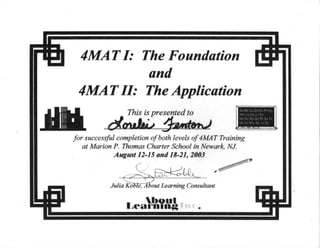 4MAT I: The Foundation
and
4MAT II: The Application
1
~~::i~'_L'::' c·"'1....... ~,!"'"-
~ -,......, T.
~ rl.._.' ......~) I ...],
U I, ,r J ,( ~ ". :: /
~.-
for successful completion of both levels of 4MAT Training
at Marion P. Thomas Charter School in Newark, NJ.
August 12-15 and 18-21, 2003
~~
L.,
e, A bout Learning Consultant
I
[boul."
.~eal~'I.n"~f;~.{ •
 