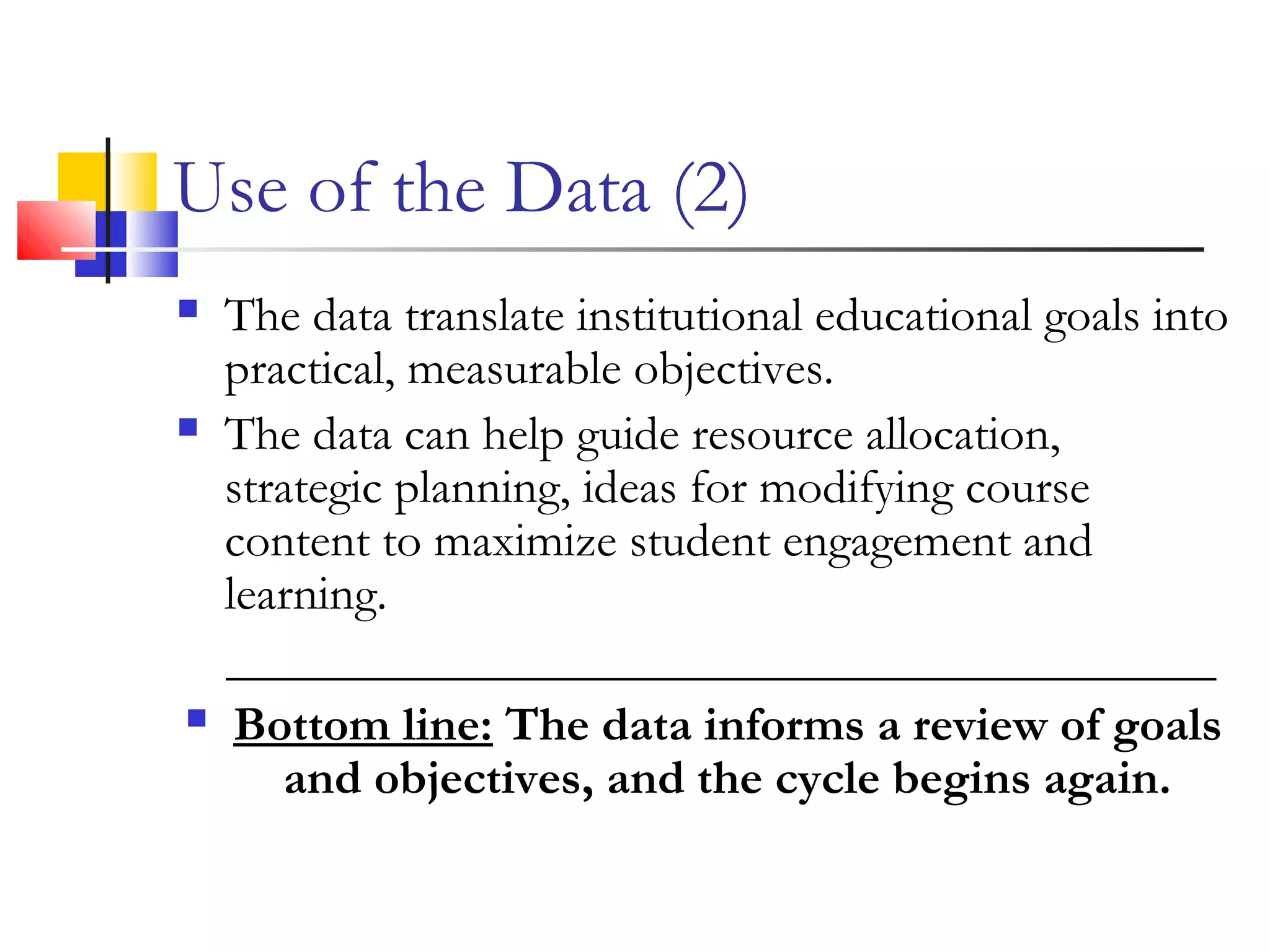 Use of the Data (2)
 The data translate institutional educational goals into
practical, measurable objectives.
 The data can help guide resource allocation,
strategic planning, ideas for modifying course
content to maximize student engagement and
learning.
________________________________________
 Bottom line: The data informs a review of goals
and objectives, and the cycle begins again.
 