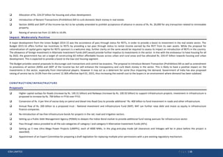 ICRA LIMITED P a g e | 15
 Allocation of Rs. 224.07 billion for housing and urban development.
 Introduction of Benami Transactions (Prohibition) Bill to curb domestic black money in real estate.
 Section 269SS and 269T of the Income-tax Act to be suitably amended to prohibit acceptance of advance in excess of Rs. Rs. 20,000 for any transaction related to immovable
property.
 Raising of service tax from 12.36% to 14.0%.
Impact- Moderately Positive
A major development from the Union Budget 2014-15 was the accordance of pass through status for REITs, in order to provide a boost to investment in the real estate sector. The
Budget 2015-16 offers further tax incentives to REITs by providing a tax pass through status to rental income earned by the REIT from its own assets. While the proposal for
rationalization of capital gains regime for REITs sponsors is a welcome step, further clarity on the same would be required to assess its impact on introduction of REITs in the country.
The allowance of foreign investment in Alternate Investment Funds (AIF) would provide further impetus to investments in the sector. In line with the endeavour to have housing for all
by 2022, the government has set a target of constructing 60 million affordable houses across urban and rural areas and has allocated Rs. 220.47 billion towards housing and urban
development. This is expected to provide a boost to the low cost housing segment.
The Budget provides several proposals to discourage cash transactions and control tax evasions. The proposal to introduce Benami Transaction (Prohibition) Bill as well as amendment
to provisions of section 269SS and 269T of the Income-tax Act will enhance the transparency and curb black money in the sector. This is likely to have a positive impact on the
investments in the sector, especially from international players. However it may act as a deterrent for some thus impacting the demand. Government of India has also proposed
raising of service tax to 14.0% from the current 12.36% effective April 01, 2015, thus increasing the overall cost to the buyers in an environment where demand has been subdued.
CONSTRUCTION/INFRASTRUCTURE
Proposals
 Higher capital outlays for Roads (increase by Rs. 140.31 billion) and Railways (increase by Rs. 100.50 billion) to support infrastructure projects. Investment in infrastructure is
proposed to increase by Rs. 700 billion in FY16 over FY15.
 Conversion of Rs. 4 per litre of excise duty on petrol and diesel into Road Cess to provide additional ~Rs. 400 billion to fund investment in roads and other infrastructure.
 Annual flow of Rs. 200 billion to a proposed trust - National Investment and Infrastructure Fund (NIIF). NIIF can further raise debt and invest as equity in infrastructure
finance companies.
 Re-introduction of tax-free infrastructure bonds for projects in the rail, road and irrigation sectors.
 Setting up a Public Debt Management Agency (PDMA) to deepen the Indian Bond market to provide additional fund raising avenues for infrastructure sector.
 Pass through status provided to all the sub-categories of category-I and category-II Alternative Investment Funds (AIFs).
 Setting up 5 new Ultra Mega Power Projects (UMPPs), each of 4000 MWs, in the plug-and-play mode (all clearances and linkages will be in place before the project is
awarded).
 Appointment of an Expert Committee for preparing a draft legislation for replacing multiple prior permissions with a pre-existing regulatory mechanism.
 