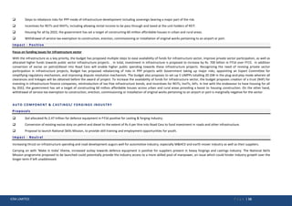 ICRA LIMITED P a g e | 16
 Steps to rebalance risks for PPP mode of infrastructure development including sovereign bearing a major part of the risk.
 Incentives for REITs and INViTs, including allowing rental income to be pass through and taxed at the unit holders of REIT.
 Housing for all by 2022, the government has set a target of constructing 60 million affordable houses in urban and rural areas.
 Withdrawal of service-tax exemption to construction, erection, commissioning or installation of original works pertaining to an airport or port.
Impact - Positive
Focus on funding issues for infrastructure sector
With the infrastructure as a key priority, the budget has proposed multiple steps to ease availability of funds for infrastructure sector, improve private sector participation, as well as
allocated higher funds towards public sector infrastructure projects. . In total, investment in infrastructure is proposed to increase by Rs. 700 billion in FY16 over FY15. In addition
conversion of excise on petrol/diesel into Road Cess will enable higher public spending towards these infrastructure projects. Recognizing the need of reviving private sector
participation in infrastructure projects, Budget has proposed rebalancing of risks in PPP projects with Government taking up major risks, appointing an Expert Committee for
simplifying regulatory mechanism, and improving dispute resolution mechanism. The budget also proposes to set-up 5 UMPPs totalling 20 GW in the plug-and-play mode wherein all
clearances and linkages will be obtained before the award of project. To increase the availability of funds for infrastructure sector, the budget proposes creation of a trust (NIIF) for
investing in infrastructure finance companies, reintroduction of tax-free infrastructure bonds, and incentives for REITs, InvITs, AIFs. In line with the endeavour to have housing for all
by 2022, the government has set a target of constructing 60 million affordable houses across urban and rural areas providing a boost to housing construction. On the other hand,
withdrawal of service-tax exemption to construction, erection, commissioning or installation of original works pertaining to an airport or port is marginally negative for the sector.
AUTO COMPONENT & CASTINGS/ FORGINGS INDUSTRY
Proposals
 GoI allocated Rs 2.47 trillion for defence equipment in FY16 positive for casting & forging industry.
 Conversion of existing excise duty on petrol and diesel to the extent of Rs 4 per litre into Road Cess to fund investment in roads and other infrastructure.
 Proposal to launch National Skills Mission, to provide skill training and employment opportunities for youth.
Impact - Neutral
Increasing thrust on infrastructure spending and road development augurs well for automotive industry, especially M&HCV and earth-mover industry as well as their suppliers.
Carrying on with ‘Make in India’ theme, increased outlay towards defence equipment is positive for suppliers present in heavy forgings and castings industry. The National Skills
Mission programme proposed to be launched could potentially provide the industry access to a more skilled pool of manpower, an issue which could hinder industry growth over the
longer term if left unaddressed.
 