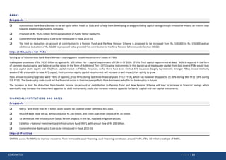 ICRA LIMITED P a g e | 23
BANKS
Proposals
 Autonomous Bank Board Bureau to be set up to select heads of PSBs and to help them developing strategy including capital raising through innovative means; an interim step
towards establishing a holding company.
 Provision of Rs. 95.55 billion for recapitalization of Public Sector Banks/FIs.
 Comprehensive Bankruptcy Code to be introduced in fiscal 2015-16.
 The limit on deduction on account of contribution to a Pension Fund and the New Pension Scheme is proposed to be increased from Rs. 100,000 to Rs. 150,000 and an
additional deduction of Rs. 50,000 is proposed to be provided for contribution to the New Pension Scheme under Section 80CCD.
Impact-Negative for PSBs
Setting up of Autonomous Bank Board Bureau a starting point to address structural issues at PSBs.
Inadequate provisions of Rs. 95.55 billion as against Rs. 500 billion Tier 1 capital requirement of PSBs in FY 2016. Of this Tier I capital requirement at least ~40% is required in the form
of common equity capital and balance can be raised in the form of Additional Tier I (AT1) capital instruments. In this backdrop of inadequate capital from GoI, several PSBs would look
to raise capital (both equity and AT1) from capital market in FY2016. However, so far there have been limited AT1 issuances (largely by relatively stronger PSBs); incase relatively
weaker PSBs are unable to raise AT1 capital, their common equity capital requirement will increase or will impact their ability to grow.
PSBs annual recovery/upgrades were ~40% of opening gross NPAs during last three financial years (FY12-FY14), which has however dropped to 25-30% during 9M, FY15 (14% during
Q3, FY15). The bankruptcy code could aid the financial sector in their recovery efforts from borrowers who file for bankruptcy in future.
The increase in limit for deduction from taxable income on account of contribution to Pension Fund and New Pension Scheme will lead to increase in financial savings which
eventually may increase the investment appetite for debt instruments; could also increase investor appetite for banks’ capital and non capital instruments.
FINANCIAL INSTITUTIONS AND NBFCS
Proposals
 NBFCs with more than Rs 5 billion asset base to be covered under SARFAESI Act, 2002.
 MUDRA Bank to be set up, with a corpus of Rs 200 billion, and credit guarantee corpus of Rs 30 billion.
 To permit tax free infrastructure bonds for the projects in the rail, road and irrigation sectors.
 Establish a National Investment and Infrastructure Fund (NIIF), with annual flow of Rs 200 billion.
 Comprehensive Bankruptcy Code to be introduced in fiscal 2015-16.
Impact-Positive
SARFESI access for NBFCs to improve recoveries from immovable asset financing, such financing constitutes around ~14% of Rs. 10 trillion credit pie of NBFC.
 