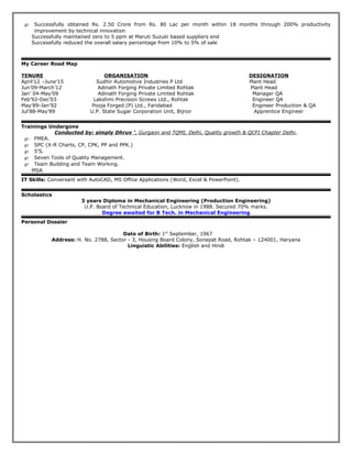 ℘ Successfully obtained Rs. 2.50 Crore from Rs. 80 Lac per month within 18 months through 200% productivity
improvement by technical innovation
Successfully maintained zero to 5 ppm at Maruti Suzuki based suppliers end
Successfully reduced the overall salary percentage from 10% to 5% of sale
My Career Road Map
TENURE ORGANISATION DESIGNATION
April’12 –June’15 Sudhir Automotive Industries P Ltd Plant Head
Jun’09-March’12 Adinath Forging Private Limited Rohtak Plant Head
Jan’ 04-May’09 Adinath Forging Private Limited Rohtak Manager QA
Feb’92-Dec’03 Lakshmi Precision Screws Ltd., Rohtak Engineer QA
May’89-Jan’92 Pooja Forged (P) Ltd., Faridabad Engineer Production & QA
Jul’88-May’89 U.P. State Sugar Corporation Unit, Bijnor Apprentice Engineer
Trainings Undergone
Conducted by: simply Dhruv ’, Gurgaon and TQMI, Delhi, Quality growth & QCFI Chapter Delhi.
℘ FMEA.
℘ SPC (X-R Charts, CP, CPK, PP and PPK.)
℘ 5’S.
℘ Seven Tools of Quality Management.
℘ Team Building and Team Working.
MSA
IT Skills: Conversant with AutoCAD, MS Office Applications (Word, Excel & PowerPoint).
Scholastics
3 years Diploma in Mechanical Engineering (Production Engineering)
U.P. Board of Technical Education, Lucknow in 1988. Secured 70% marks.
Degree awaited for B Tech. in Mechanical Engineering
Personal Dossier
Date of Birth: 1st
September, 1967
Address: H. No. 2788, Sector - 3, Housing Board Colony, Sonepat Road, Rohtak – 124001, Haryana
Linguistic Abilities: English and Hindi
 