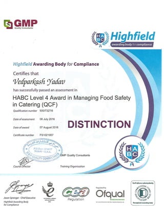 Food safety Level 4 certificate