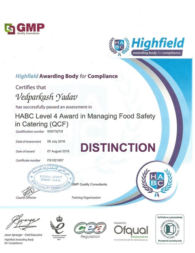 Food Safety Level 4 Certificate Food Safety Level 4 Certificate