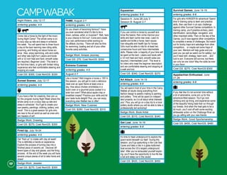 campwabak
Night Riders, July 12-17
entering grades: 4-5		
	
Come ride a horse by the light of the moon
during Night Camp! The whole camp is on
a crazy stay-up late and sleep-in schedule
this week. You will spend two to three hours
a day at the barn learning new riding skills,
grooming, and finding out about horse sci-
ence. Also, enjoy swimming, arts and crafts,
and other late-night fun! (Jeans and boots
with a 1⁄2 inch heel and hard, smooth soles
are required.) Beginner Level - This level is
for first-time riders, or girls with limited riding
experience who feel comfortable steering and
stopping at a walk. 	
Cost GS: $300, Cost NonGS: $330
Sunset Scenes, July 12-17	
entering grades: 4-5		
	
If you have a flair for creativity, then join us
for this program during Night Week where the
whole camp is on a crazy stay-up late and
sleep-in schedule! You’ll get to create your
own jewelry, paintings, clothing, pottery, and
more! This is a great session for girls who
are new to the art world as well as ones who
are masters of art!	
Badge Work: Drawing
Cost GS: $270, Cost NonGS: $300
Fired Up, July 19-24	
entering grades: 4-5		
Get “fired up” to create with clay all week!
This is definitely a hands-on experience.
Explore the process of turning clay into a
finished piece of ceramic art. Discover dif-
ferent types of clay and glazes, and the firing
process. At the end of the week you will have
several unique pieces of art to take home and
share!		
Badge Work: Jeweler
Cost GS: $270, Cost NonGS: $300
FAME, August 2-7
entering grades: 4-5
Do you dream of becoming famous? Have
you ever wondered what it’s like to be a
clown, actress, artist, or musician? Well, here
is your chance to find out! Come and create
your own performance while working on
the aMaze Journey. There will also be time
for swimming, boating and all of your other
favorite camp activities.	
Badge Work: Amaze Journey
Cost GS: 270, Cost NonGS: $300
Extreme Cuisines	
entering grades: 4-5
August 2-7		
Like s’mores? Well imagine s’mores x 100! In
this session, you will get to cook a delicious
meal over an open flame at least once a
day. How about chicken enchiladas in a
dutch oven or a gourmet pizza cooked in a
solar box oven? What about apple crisp or
breakfast crepes? Practice your skills and let
your taste buds delight! Plus, you can enjoy
everything else WaBak has to offer!	
Badge Work: New Cuisines
Cost GS: $280, Cost NonGS: $310
Equestrian
entering grades: 6-8
Session A: June 28-July 3	
Session B: August 2-7	
	
If you can control a horse by yourself and
know the basics, then come improve your
skills and learn some new ones. Learn to
saddle and bridle a horse; learn eques-
trian etiquette and health tips for horses.
Girls must be able to ride for at least two
consecutive hours and have intermediate
skills. Please note: a majority of your time will
be spent at the barn. (Jeans and boots with
a 1⁄2 inch heel and hard, smooth soles are
required.) Intermediate Level - This level is
for riders who meet the beginner description;
and are comfortable steering and stopping at
a walk and trot. 	
Cost GS: $340, Cost NonGS: $370
Art Attack, June 14-19
entering grades: 6-8
You will spend most of your time in the Camp
WaBak art studio doing everything from
fashion design to jewelry making to painting
and pottery. Time will be spent on indepen-
dent projects, so it is all about what interests
you! Plus, you will go on a day trip to a local
pottery studio where you will be able to take a
professionally led workshop!	
Badge Work: Book Artist	
Cost GS: $310, Cost NonGS: $340
Get Lost, June 14-19
entering grades: 6-8
It’s time to head underground to explore the
grand world beneath our feet! During this
session, you’ll go spelunking in the Lost Sea
Caves and take a ride in a glass-bottomed
boat across the US’s largest underground
lake! After you’ve exhausted yourself explor-
ing, you’ll have the opportunity to live life like
a bat and sleep out in the caves!	
Cost GS: $420, Cost NonGS: $450
Survival Games, June 14-19	
entering grades: 6-8
For girls who HUNGER for adventure! Spend
time in training camp to learn and practice
skills, then use them in an epic challenge
against other Survival Games competitors. In
training camp, you’ll practice archery, plant
identification, camouflage, navigation, and
other important skills. Then on the day of the
Games, you’ll race against other competitors
to complete a series of challenges. But watch
out for booby traps and sabotage from other
competitors… or maybe set some traps of
your own. Mentors will help guide and pre-
pare you (as well as watch out for safety), but
you’ll need skill, strategy, team work… and
luck to win. Everyone will survive, but there
can only be one victor! May the odds be ever
in your favor.	
Cost GS: $270, Cost NonGS:$300
Appalachian Enthusiast, June
21-26
entering grades: 6-8
If you feel like it’s not summer time without
a bit of adrenaline, come join us for this
adventure-filled session. You’ll go rock
climbing and zip-lining, and experience some
of the beautiful hiking trails that run through
our forests. And when the heat gets to be a
bit much, you’ll cool off with some exciting
whitewater action on the Chattooga River as
you go rafting with your new friends. 	
Badge Work: Good Sportsmanship
Cost GS: $450, Cost NonGS: $480
17
 