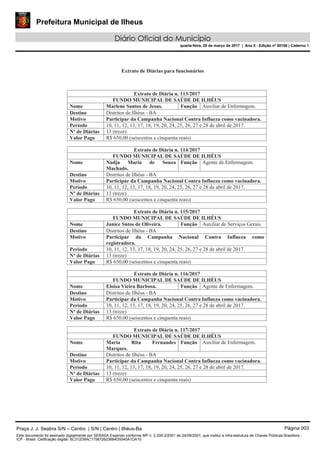 Prefeitura Municipal de Ilheus
Diário Oficial do Município
quarta-feira, 29 de março de 2017 | Ano II - Edição nº 00150 | Caderno 1
Praça J. J. Seabra S/N – Centro | S/N | Centro | Ilhéus-Ba Página 003
Este documento foi assinado digitalmente por SERASA Experian conforme MP n. 2.200-2/2001 de 24/08/2001, que institui a infra-estrutura de Chaves Públicas Brasileira -
ICP - Brasil. Cetificação diigital: 5C312D8AC175872623684D5040A1DA10
 