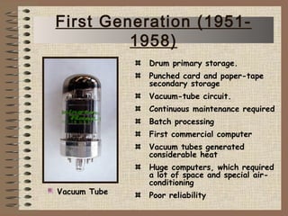 Drum primary storage.
Punched card and paper-tape
secondary storage
Vacuum-tube circuit.
Continuous maintenance required
Batch processing
First commercial computer
Vacuum tubes generated
considerable heat
Huge computers, which required
a lot of space and special air-
conditioning
Poor reliabilityVacuum Tube
First Generation (1951-
1958)
 