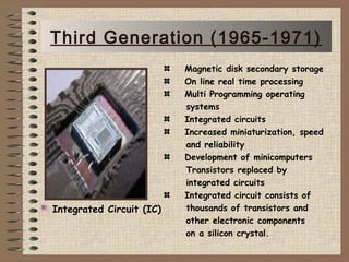 Magnetic disk secondary storage
On line real time processing
Multi Programming operating
systems
Integrated circuits
Increased miniaturization, speed
and reliability
Development of minicomputers
Transistors replaced by
integrated circuits
Integrated circuit consists of
thousands of transistors and
other electronic components
on a silicon crystal.
Integrated Circuit (IC)
Third Generation (1965-1971)
 