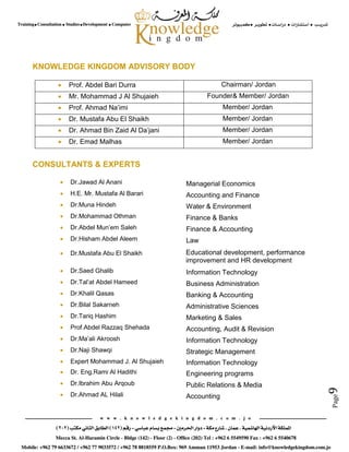 Page9
KNOWLEDGE KINGDOM ADVISORY BODY
Chairman/ Jordan Prof. Abdel Bari Durra
Founder& Member/ Jordan Mr. Mohammad J Al Shujaieh
Member/ Jordan Prof. Ahmad Na’imi
Member/ Jordan Dr. Mustafa Abu El Shaikh
Member/ Jordan Dr. Ahmad Bin Zaid Al Da’jani
Member/ Jordan Dr. Emad Malhas
CONSULTANTS & EXPERTS
Managerial Economics Dr.Jawad Al Anani
Accounting and Finance H.E. Mr. Mustafa Al Barari
Water & Environment Dr.Muna Hindeh
Finance & Banks Dr.Mohammad Othman
Finance & Accounting Dr.Abdel Mun’em Saleh
Law Dr.Hisham Abdel Aleem
Educational development, performance
improvement and HR development
 Dr.Mustafa Abu El Shaikh
Information Technology Dr.Saed Ghalib
Business Administration Dr.Tal’at Abdel Hameed
Banking & Accounting Dr.Khalil Qasas
Administrative Sciences Dr.Bilal Sakarneh
Marketing & Sales Dr.Tariq Hashim
Accounting, Audit & Revision Prof.Abdel Razzaq Shehada
Information Technology Dr.Ma’ali Akroosh
Strategic Management Dr.Naji Shawqi
Information Technology Expert Mohammad J. Al Shujaieh
Engineering programs Dr. Eng.Rami Al Hadithi
Public Relations & Media Dr.Ibrahim Abu Arqoub
Accounting Dr.Ahmad AL Hilali
 