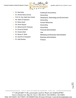 Page11
Auditing & Accountancy Dr. Nael Adas
Accounting Dr. Ahmed Helmy Gomaa
Geophysics, Seismology and Environment Prof. Dr. Eng. Najib Abou Karaki
Accounting Mr. Hatem Al Qawasmi
Human Resources Dr. Mutaz Assaf
Accounting Mr. Nimer Bayyari
Accounting Dr. Mohammad M. Shahawy
Financial administration Dr. Duraid Al Shbeib
Law Dr. Ossama Badr
Marketing and Business Administration Dr. Mousa A. Sbeih
Business administration Dr. Kamil M. Al Hawajreh
Finance Dr. Adel Sharkas
 
