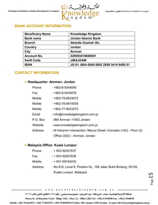 Page15
BANK ACCOUNT INFORMATION:
Knowledge KingdomBeneficiary Name
Jordan Islamic BankBank name
Abdulla Gosheh Str.Branch
JordanCountry
AmmanCity
228593410840001Account No.
JIBAJOAMSwift Code
JO 81 JIBA 0040 0002 2859 3410 8400 01IBAN
CONTACT INFORMATION
 Headquarter: Amman- Jordan
Phone : +962-6-5549590
Fax : +962-6-5540678
Mobile : +962-79-6633672
Mobile : +962-78-8818559
Mobile : +962-77-9033572
Email : info@knowledgekingdom.com.jo
P.O. Box : 969 Amman 11953 Jordan
Website : www.knowledgekingdom.com.jo
Address : Al Haramin intersection- Mecca Street -Complex (142) - Floor (2)
Office (202) – Amman, Jordan
 Malaysia Office: Kuala Lumpur
Phone : + 603 92057637
Fax : + 603 92057638
Mobile : + 601 69742435
Address : No.816, Level 8, Pavilion KL, 168 Jalan Bukit Bintang, 00155,
Kuala Lumpur, Malaysia
 