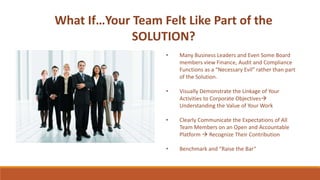 What If…Your Team Felt Like Part of the
SOLUTION?
• Many Business Leaders and Even Some Board
members view Finance, Audit and Compliance
Functions as a “Necessary Evil” rather than part
of the Solution.
• Visually Demonstrate the Linkage of Your
Activities to Corporate Objectives
Understanding the Value of Your Work
• Clearly Communicate the Expectations of All
Team Members on an Open and Accountable
Platform  Recognize Their Contribution
• Benchmark and “Raise the Bar”
 