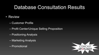 Database Consultation Results
• Review
– Customer Profile
– Profit Center/Unique Selling Proposition
– Positioning Analysis
– Marketing Analysis
– Promotional
 