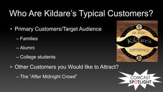 Who Are Kildare’s Typical Customers?
• Primary Customers/Target Audience
– Families
– Alumni
– College students
• Other Customers you Would like to Attract?
– The “After Midnight Crowd”
 