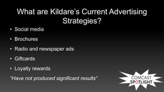 What are Kildare’s Current Advertising
Strategies?
• Social media
• Brochures
• Radio and newspaper ads
• Giftcards
• Loyalty rewards
“Have not produced significant results”
 