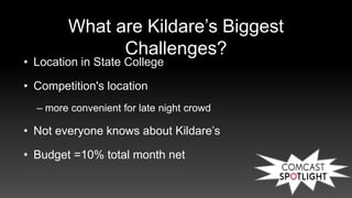 What are Kildare’s Biggest
Challenges?
• Location in State College
• Competition's location
– more convenient for late night crowd
• Not everyone knows about Kildare’s
• Budget =10% total month net
 