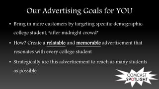 Our Advertising Goals for YOU
• Bring in more customers by targeting specific demographic:
college student, “after midnight crowd”
• How? Create a relatable and memorable advertisement that
resonates with every college student
• Strategically use this advertisement to reach as many students
as possible
 