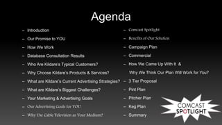 Agenda
– Introduction
– Our Promise to YOU
– How We Work
– Database Consultation Results
– Who Are Kildare’s Typical Customers?
– Why Choose Kildare’s Products & Services?
– What are Kildare’s Current Advertising Strategies?
– What are Kildare’s Biggest Challenges?
– Your Marketing & Advertising Goals
– Our Advertising Goals for YOU
– Why Use Cable Television as Your Medium?
– Comcast Spotlight
– Benefits of Our Solution
– Campaign Plan
– Commercial
– How We Came Up With It &
Why We Think Our Plan Will Work for You?
– 3 Tier Proposal
– Pint Plan
– Pitcher Plan
– Keg Plan
– Summary
 