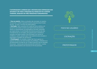 29
CARTILHADESOLUÇÕESAGENTEBEMCUIDAR
• Foco no usuário. Todas as soluções são centradas no usuário,
fornecendo a melhor experiência dentro daquele determinado
serviço - no caso, o serviço de saúde pública;
• Cocriação. Todo o processo foi criado de forma coletiva, em
conjunto com todos os atores que fazem parte do processo,
direta ou indiretamente, da população ao servidor, passando
por especialistas. A contribuição dos diversos pontos de vista
é fundamental na cocriação, pois garante que os desafios e
soluções cocriados estejam mais alinhados com temas do
cotidiano e, assim, possam gerar mais aderência das soluções à
população e à gestão nas secretarias;
• Prototipagem. As soluções criadas não ficam apenas no
espectro da ideia, mas são testadas em protótipos, validando-as e
já melhorando ao longo do uso. A ideia é garantir que as soluções
funcionem - mesmo que ainda precisem de melhorias - e evitar
gastos desnecessários com recursos no fim do processo.
É INTERESSANTE LEMBRAR QUE A METODOLOGIA EMPREGADA NAS
OFICINAS E EM TODO O PROCESSO DE TRABALHO FOI O DESIGN
THINKING, BASEADO EM TRÊS PRINCÍPIOS FUNDAMENTAIS:
FOCO NO USUÁRIO
COCRIAÇÃO
PROTOTIPAGEM
29
CARTILHADESOLUÇÕESAGENTEBEMCUIDAR
 