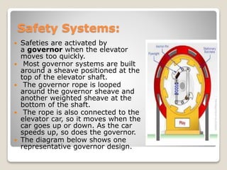Safety Systems:
 Safeties are activated by
a governor when the elevator
moves too quickly.
 Most governor systems are built
around a sheave positioned at the
top of the elevator shaft.
 The governor rope is looped
around the governor sheave and
another weighted sheave at the
bottom of the shaft.
 The rope is also connected to the
elevator car, so it moves when the
car goes up or down. As the car
speeds up, so does the governor.
 The diagram below shows one
representative governor design.
 