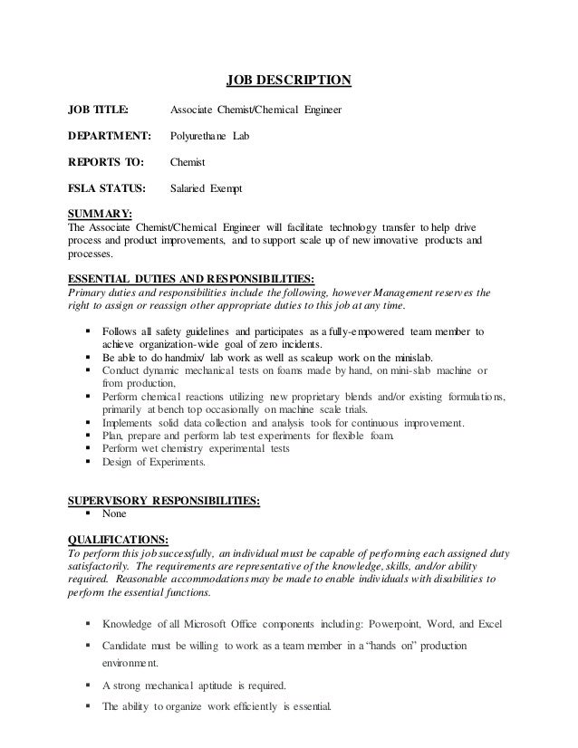 associate chemist chemical engineer job description chemist