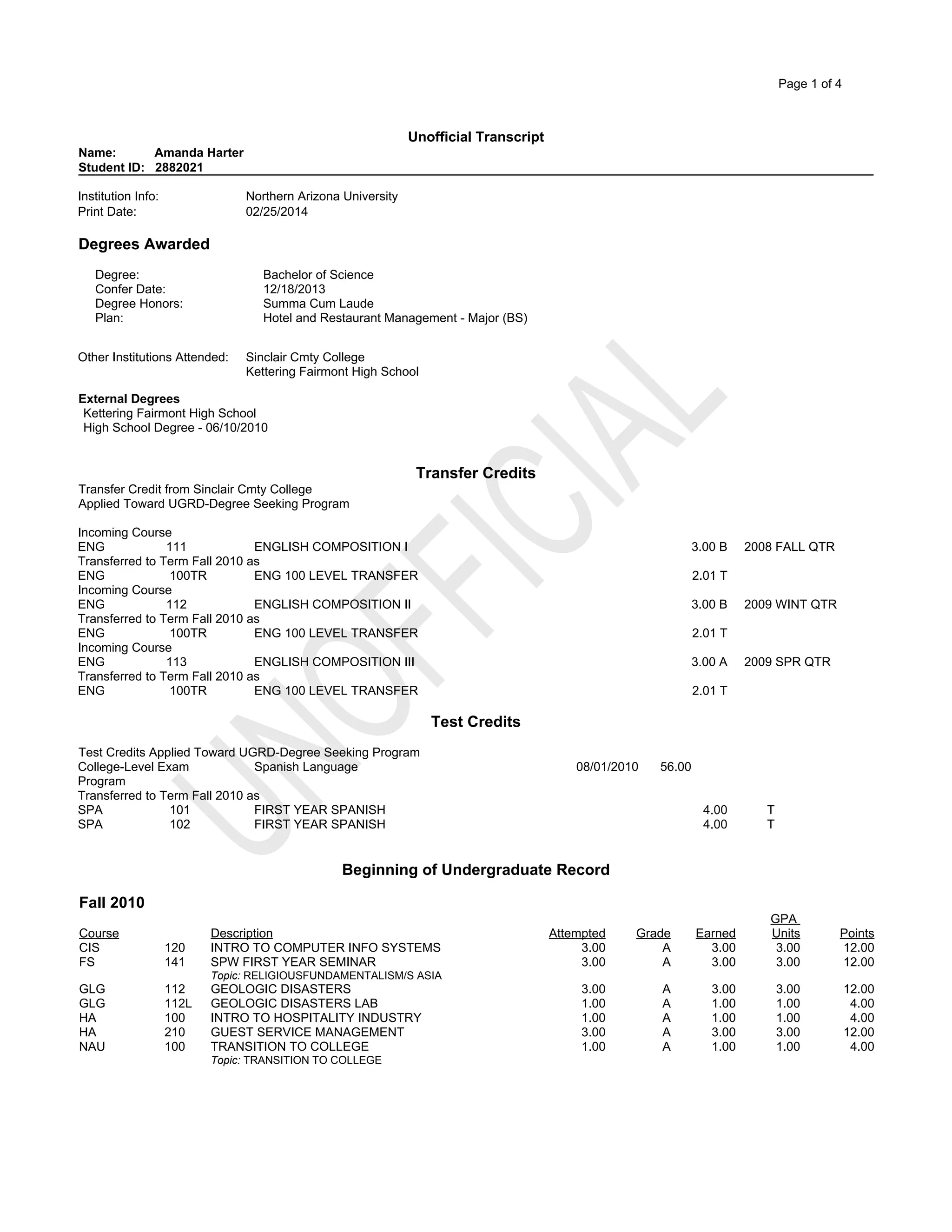 Nait Transcript Amanda Harter NAU transcript unofficial | PDF