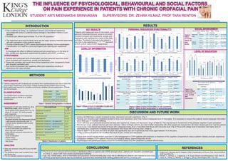 METHODS
Patients diagnosed with Orofacial pain conditions from multidisciplinary pain clinics within the
Oral Surgery Department of the King’s College Hospital Dental institute were included.
Each patient was required to complete a previously validated clinical questionnaire. (Please
see the handouts)
PAIN CONDITIONS CASES
(%)
PERSISTENT IDIOPATHIC 198 (59.1)
NEURALGIA 51 (15.2)
NEUROVASCULAR 8 (2.4)
INFLAMMATORY 15 (4.5)
PERSISTENT IDIOPATHIC + INFLAMMATORY 6 (1.8)
PERSISTENT IDIOPATHIC + NEUROVASCULAR 3 (0.9)
PERSISTENT IDIOPATHIC + NEURALGIC 3 (0.9)
NEURALGIC + INFLAMMATORY 3 (0.9)
NEURALGIC + NEUROVASCULAR 1 (0.3)
NOT AVAILABLE 47 (14)
TOTAL 335 (100)
Table 1: General Demographics of patients
2
TOTAL CASES 335
FEMALE:MALE 234:84
AGE RANGES 11 TO 89 YEARS
MEAN AGE (YEARS) 44.62 (SE=0.85)
The Orofacial pain conditions were then
classiﬁed based on Woda et al. (2005)
classiﬁcation.
Data was analysed using MS Excel and IBM
SPSS 19.
The statistical tests used included f-test, t-test
and Anova test.
P<0.05 indicated statistical signiﬁcance.
ANALYSIS
PARTICIPANTS
CLASSIFICATION
ASSESSMENT
THE INFLUENCE OF PSYCHOLOGICAL, BEHAVIOURAL AND SOCIAL FACTORS
ON PAIN EXPERIENCE IN PATIENTS WITH CHRONIC OROFACIAL PAIN
STUDENT: ARTI MEENAKSHI SRINIVASAN SUPERVISORS: DR. ZEHRA YILMAZ, PROF TARA RENTON
Assessment of pain was carried out using
- Brief Pain Index, which consist of
visual analog scale ranging from 0 to 10,
where 0= no pain, 10= worst possible
pain imaginable.
Assessment of anxiety and depression
was carried out using
- Hospital Anxiety and Depression Scale,
a self reported questionnaire with 14
multiple choice questions each scored
from 0 to 3.
The factors considered included
- Level of information the patient has
about their pain condition
- Eight different personal resources (i.e.
functionality)
- Level of education
- Marital status
- Living conditions
- Age group Table 2: Classiﬁcation of patients
REFERENCES
1. Edited by H. Merskey and N. Bogduk (1994) Classiﬁcation of Chronic Pain, Second Edition,
IASP (pp 209-214).
2. Renton, T., Durham, J., 7 Aggarwal, V. R. Expert Review neurotherapeutics 12(5), 569-76.
3. Yazdi, M., Yilmaz, Z., Renton, T., & Page, L. (2012). Oral Surgery, 5(4), 173–181.
INTRODUCTION
AIM
Pain is deﬁned as being “ an unpleasant sensory and emotional experience
associated with actual or potential tissue damage or described in terms of such
1
damage”.
2
Orofacial pain affects approximately 7% of the UK population.
The trigeminal nerve and the facial nerve are the major sensory networks associated
2
with pain perception in the orofacial regions.
Chronic orofacial pain (COFP) cause psychological distress, involve psychogenic
3
intensiﬁcation or in itself be a pure psychogenic pain altering pain experience.
To investigate the effect of different behavioural and social factors on the level of
pain, anxiety and depression experienced by patients with COFP conditions.
Patients with inadequate level of information and poor personal resources would
show increased pain experience, anxiety and depression.
Those with neuralgic pain would show worse experience when compared to those
with idiopathic persistent pain.
Poor social environment can negatively affect pain experience resulting in
interference with daily activities.
HYPOTHESES
CONCLUSIONS
Psychosocial and behavioural factors have a debilitating effect on patients with COPD amongst whom, patients with idiopathic persistent pain
are likely to present with more severe psychological morbidity.
Age, sex, marital status, level of information and education, and functionality play a key role by affecting the patients' pain experience and mood.
All these social factors should also be considered, examined and monitored while treating patients with Chronic Orofacial pain.
DISCUSSION AND FUTURE WORK
RESULTS
LEVEL OF INFORMATION
KEY RESULTS
LEVEL OF EDUCATION
SOCIAL ENVIRONMENTPERSONAL RESOURCES (FUNCTIONALITY)
Patients with inadequate level of information, poor
personal resources and poor social environment
showed increased pain experience, anxiety and
depression with interference in some of the daily
activities. The level of education also played a
key role in pain experience.(**, ***, **** represent
p<0.05, p<0.01 and p<0.001 respectively)
Figure 1:Effects of level of information on pain and
anxiety/depression.
Figure 2: Effect of some functionalities on pain experience.
Table 3 : Effect of other functionalites on anxiety/depression
Table 4
Effect
of marital
status on
pain
levels
Figure 3 &
Table 5:Effect
of education on
pain, anxiety
and
depression
Inadequate information causes increased anxiety, depression and pain experience. (Fig 1)
Patients with idiopathic pain conditions tended to show more depression when they receive inadequate level of information. It is necessary to ensure that patients receive adequate information
about their pain to minimise suffering.
Those with very good personal resources had less pain experience, anxiety and depression (Fig 2 & Table 3). This may be due to involvement of the patients' cognition in pain perception.
Married and single patients had less pain than widowed. (Table 4) Single patients also had a better relationship with other people and enjoyed their life better despite pain than married patients.
Level of pain experienced was worse for those with college/secondary level of education than those with University level. (Fig 3) Those with college level of education had higher level of
depression and overall level of anxiety and depression than those with university level. (Table 5)
Patients aged 11 to 29 years and 30 to 49 years had signiﬁcantly less pain experiences than those aged between 70 to 89 years.
Living conditions of patients did not affect their level of pain, anxiety and depression.
Future work should include Holistic approach to pain management in COFP patients with emphasis on treatment of the cognitive components to reduce patients’ distress and pain experience.
Comparison between COFP patients receiving psychological therapy against those who do not.
Psychological and behavioural factors should be monitored before and after treatment to analyse effectiveness..
 